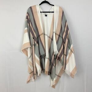 David and Young Plaid Fringe Poncho Ruana Wrap OS Neutral Colors Lightweight